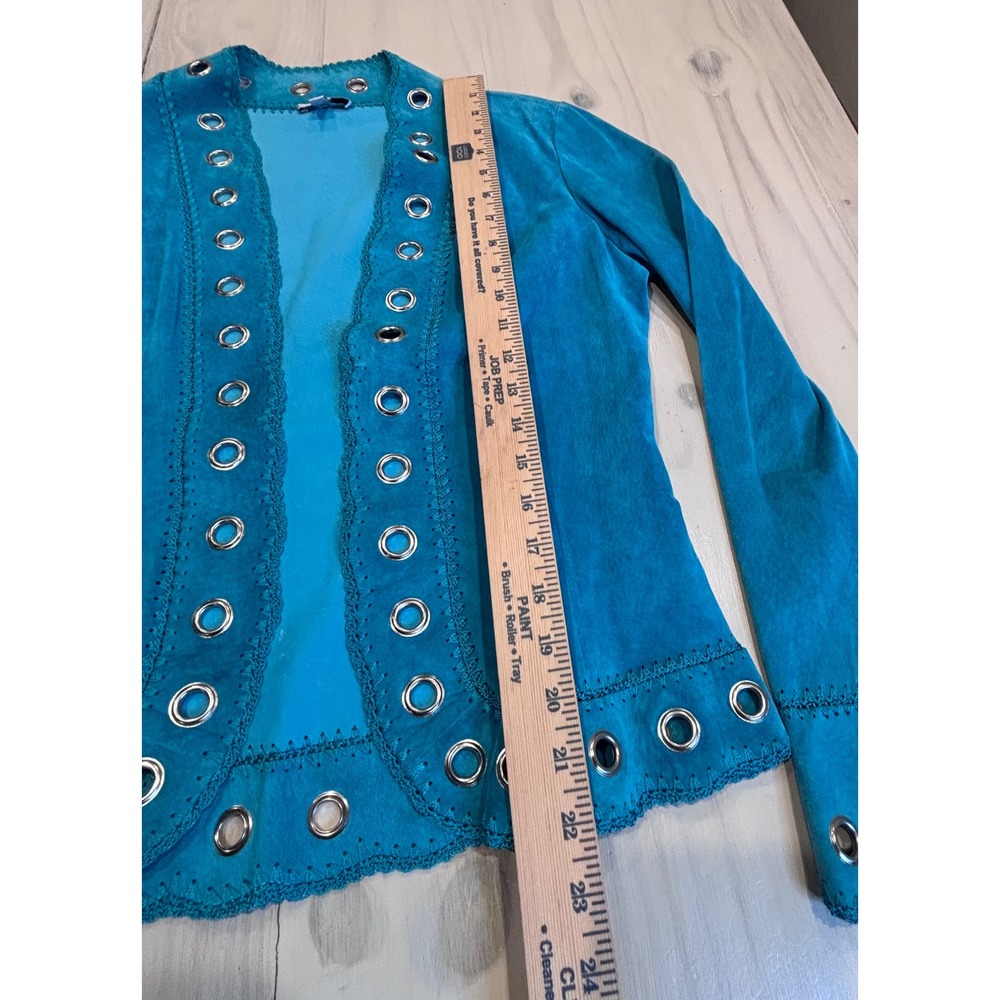 Cache Turquoise Blue Genuine Suede Leather Grommet Crochet Trim Jacket Medium - Picture 12 of 16